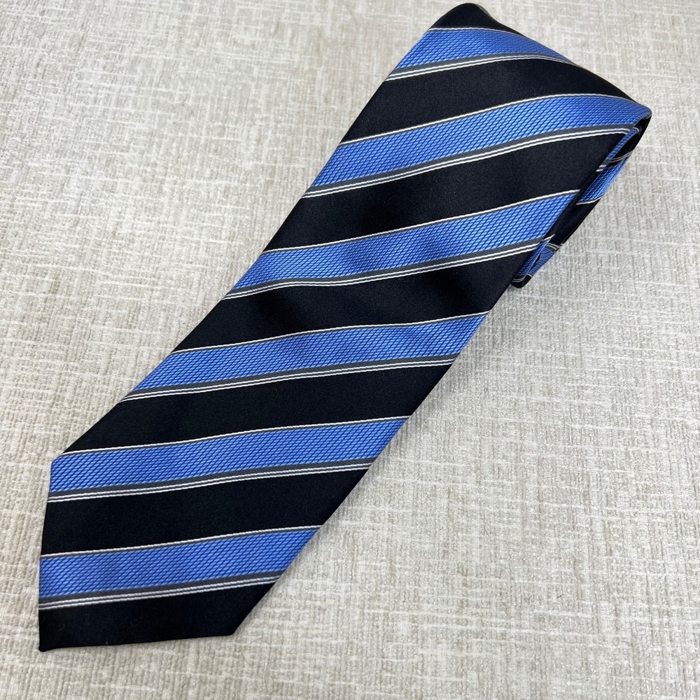 Giorgio Moreschi Mens Silk Tie Black Blue Silver Striped Italian Design USA Made